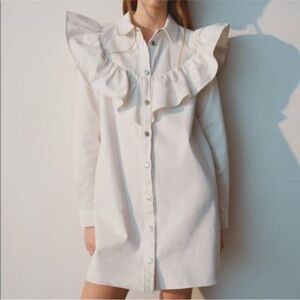Zara White Ruffle Shirt Dress Size Extra Small